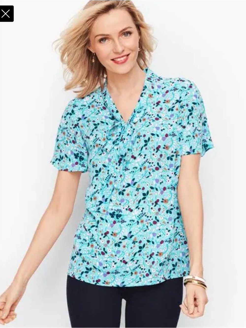 Talbots Floral Tie-Neck Short Sleeve Top